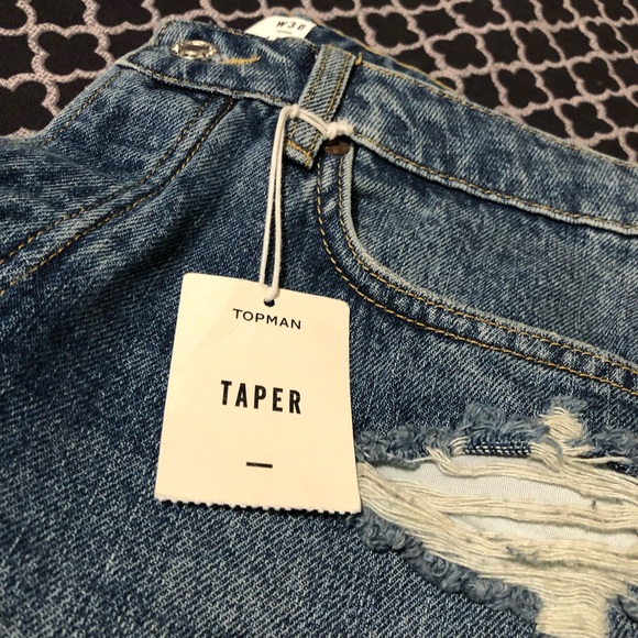 TOPMAN Mens Denim Blue Taper Distressed Jeans Sz 30 X 32 Button Fly - Picture 9 of 9